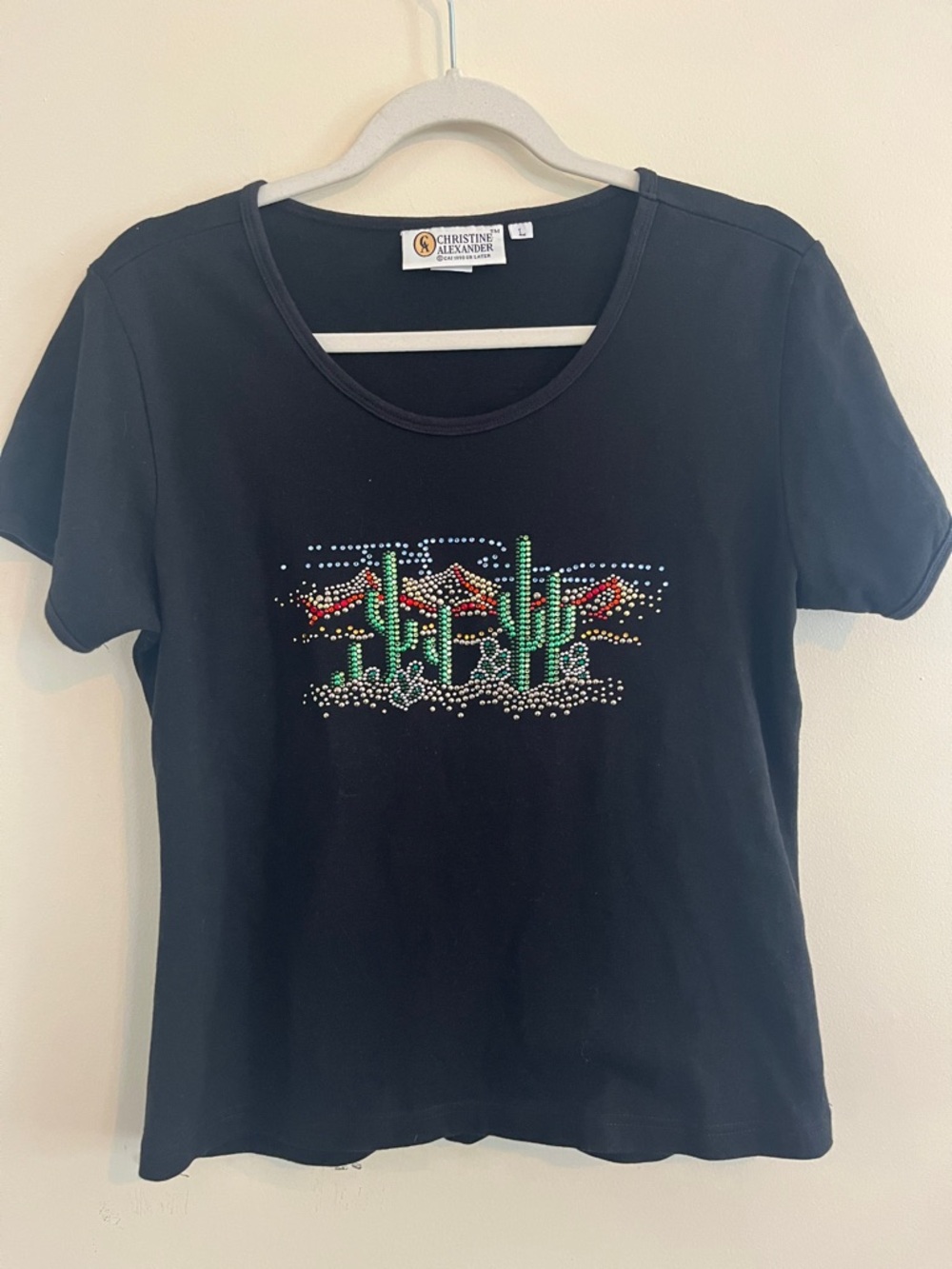 Vintage Christine Alexander Rhinestone Tee Southwest Western Cactus Bling 90s L
